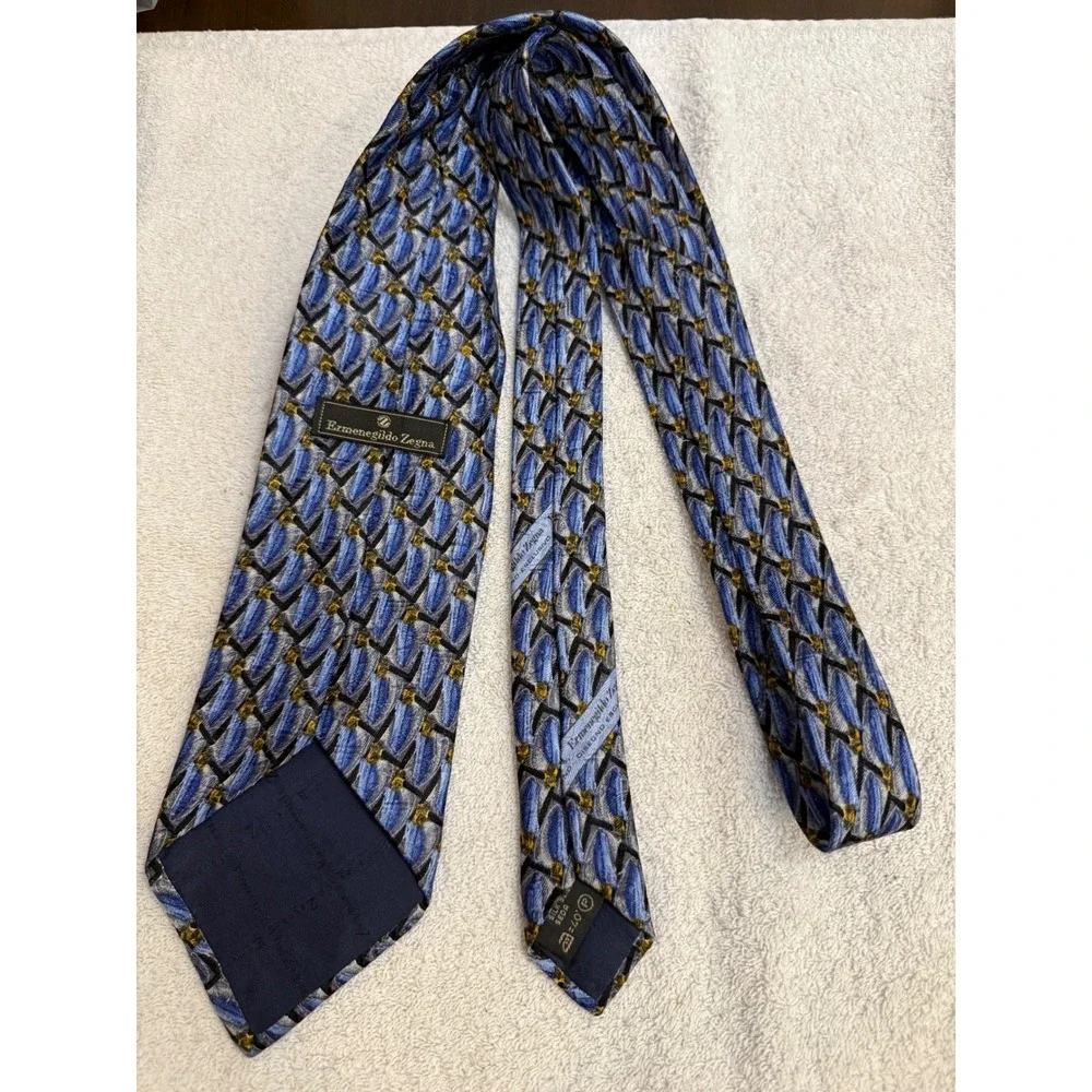 Ermenegildo Zegna Silk Tie Blue Grey Gold Geometric Abstract Made in Italy